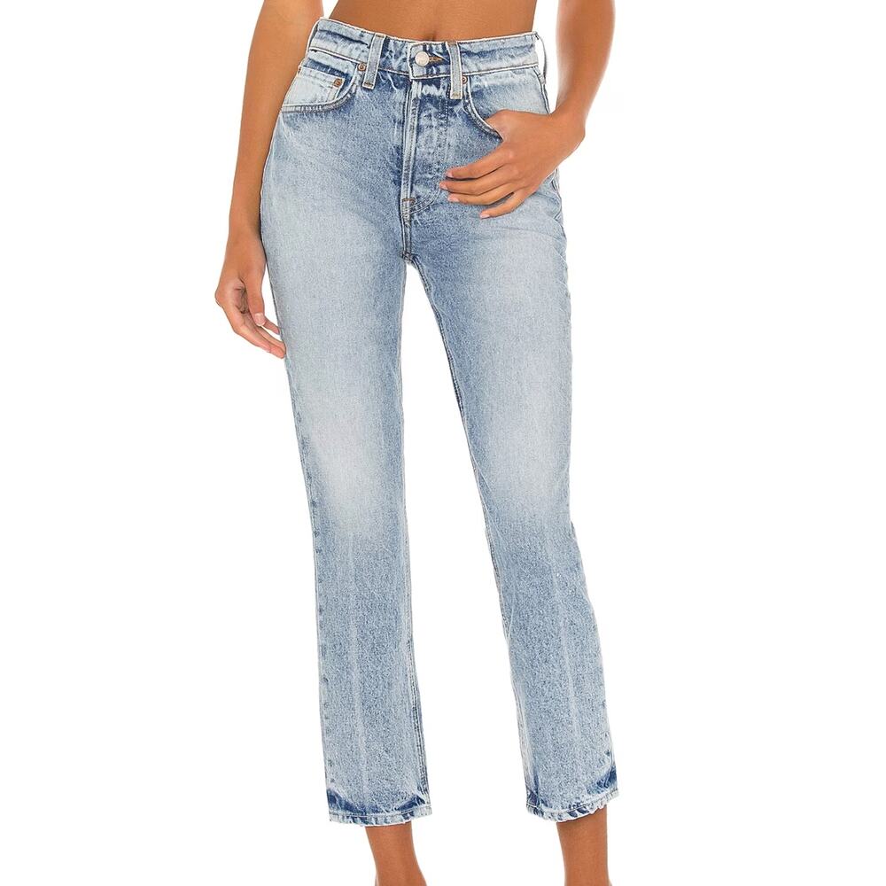 GRLFRND Slim Straight Jeans SIZE 26 Boyfriend Rigid Ankle Light Wash $200 NEW